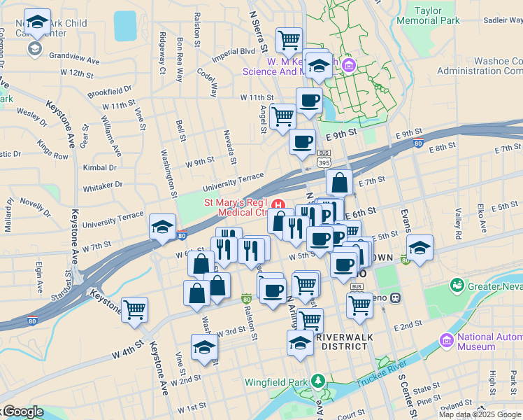 map of restaurants, bars, coffee shops, grocery stores, and more near 235 West 6th Street in Reno