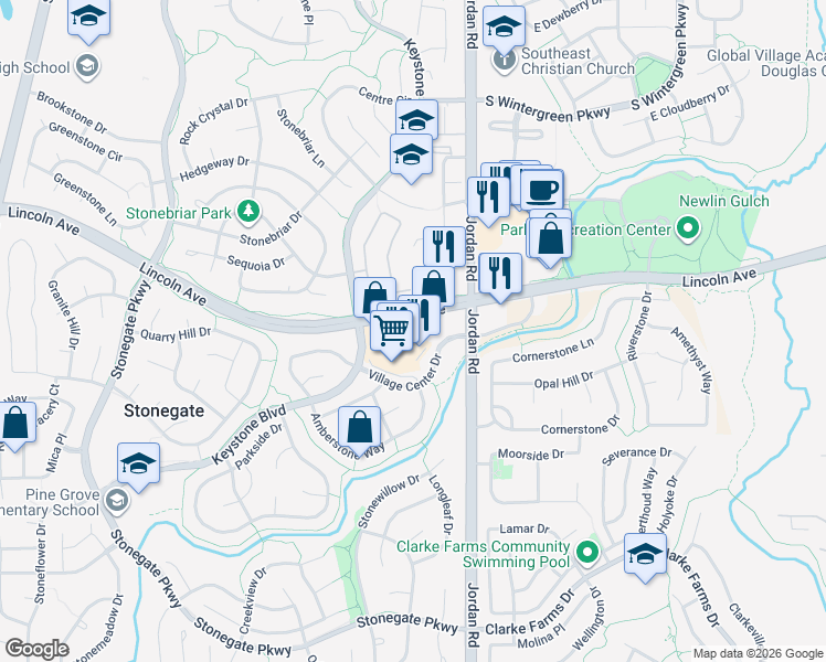 map of restaurants, bars, coffee shops, grocery stores, and more near 16538 Keystone Boulevard in Parker
