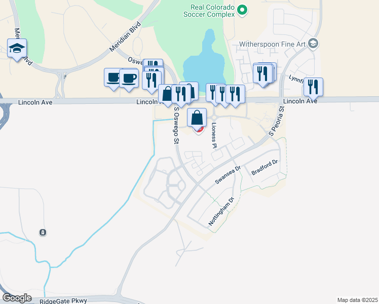 map of restaurants, bars, coffee shops, grocery stores, and more near 11796 Amston Lane in Parker