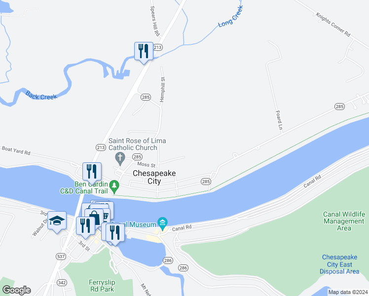 map of restaurants, bars, coffee shops, grocery stores, and more near 100 Grayson Avenue in Chesapeake City