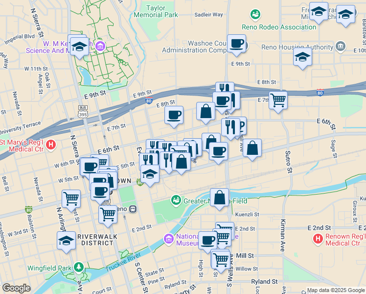 map of restaurants, bars, coffee shops, grocery stores, and more near 491 Elko Avenue in Reno