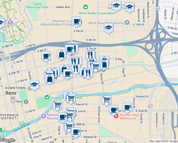 map of restaurants, bars, coffee shops, grocery stores, and more near 1000 East 4th Street in Reno