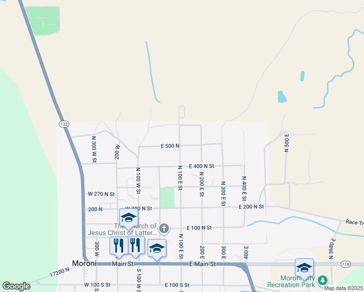 map of restaurants, bars, coffee shops, grocery stores, and more near 460 North 100 East in Moroni
