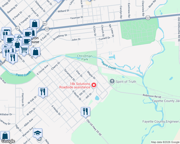 map of restaurants, bars, coffee shops, grocery stores, and more near 524 East Elm Street in Washington Court House