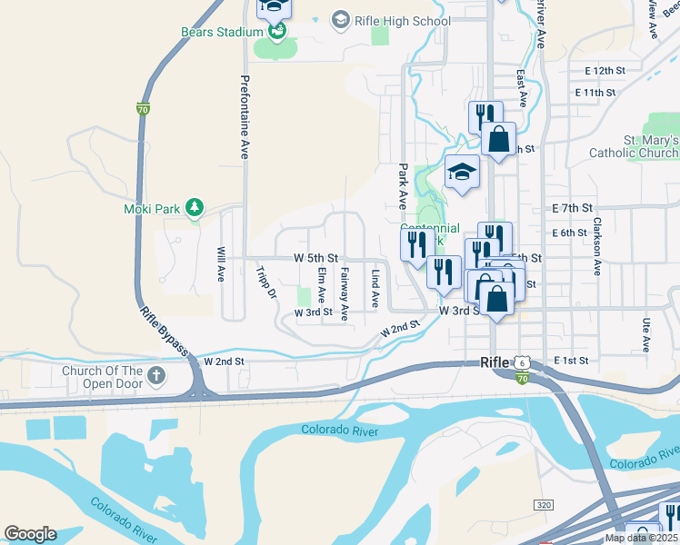 map of restaurants, bars, coffee shops, grocery stores, and more near 344 Fairway Avenue in Rifle