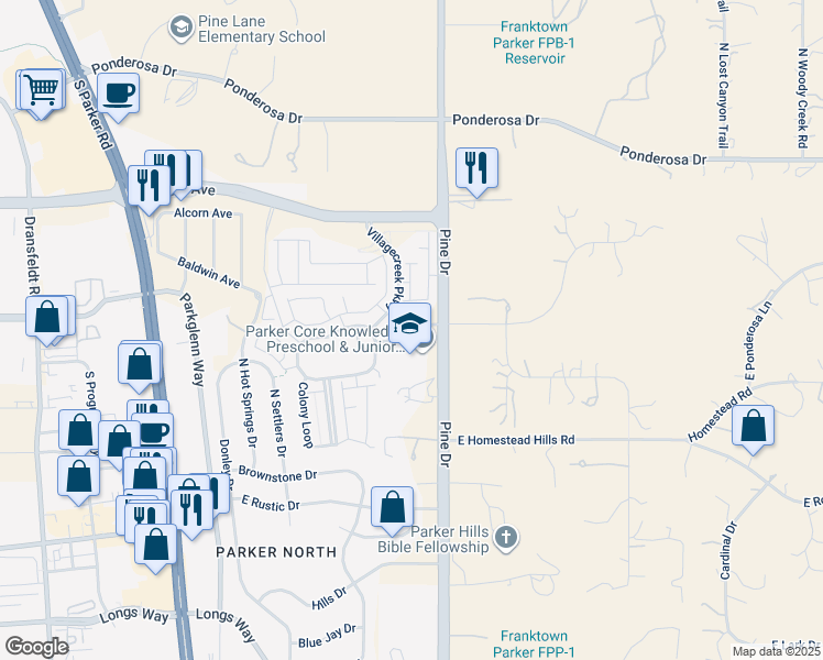map of restaurants, bars, coffee shops, grocery stores, and more near 11661 Pine Drive in Parker