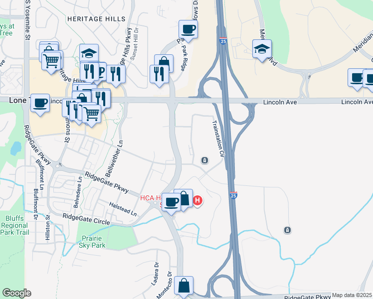 map of restaurants, bars, coffee shops, grocery stores, and more near Park Meadows Boulevard in Lone Tree