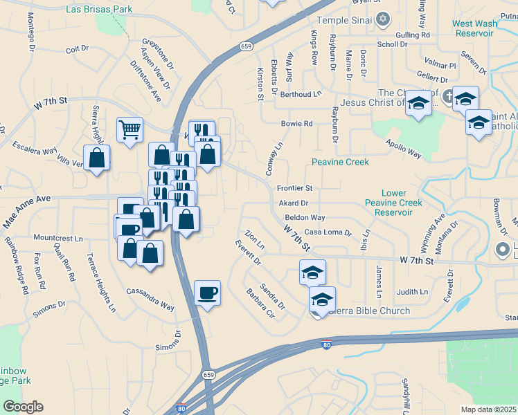 map of restaurants, bars, coffee shops, grocery stores, and more near 3540 Yosemite Place in Reno