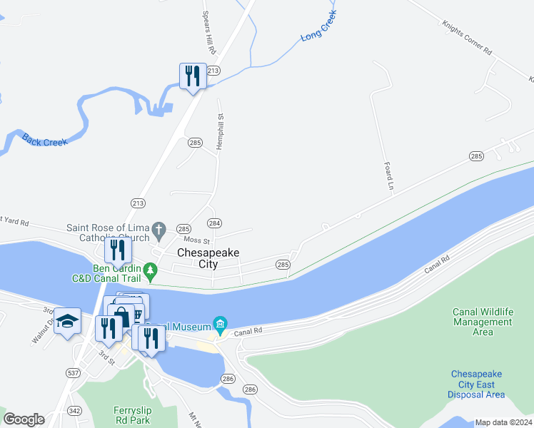 map of restaurants, bars, coffee shops, grocery stores, and more near 100 Grayson Avenue in Chesapeake City