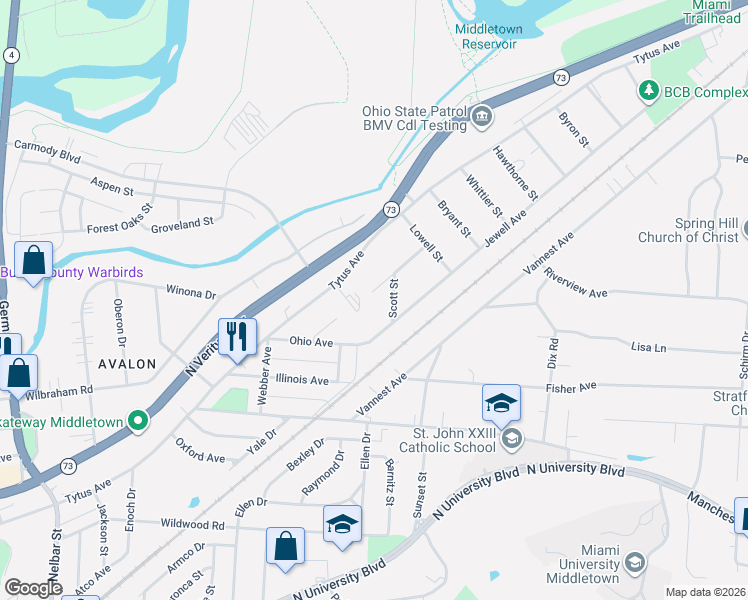 map of restaurants, bars, coffee shops, grocery stores, and more near 3413 Jewell Avenue in Middletown