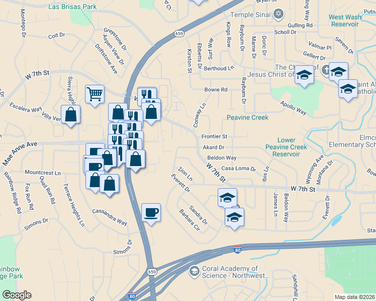 map of restaurants, bars, coffee shops, grocery stores, and more near 3540 Yosemite Place in Reno