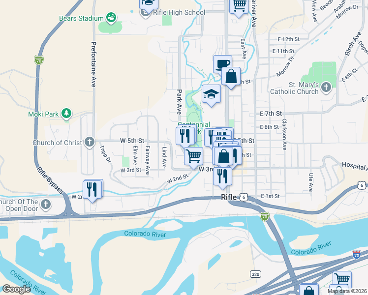 map of restaurants, bars, coffee shops, grocery stores, and more near 333 Park Avenue in Rifle