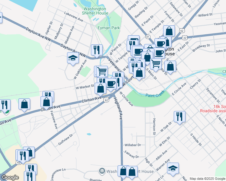 map of restaurants, bars, coffee shops, grocery stores, and more near in Washington Court House