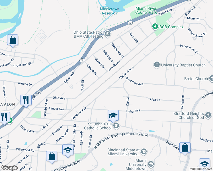 map of restaurants, bars, coffee shops, grocery stores, and more near 3615 Vannest Avenue in Middletown