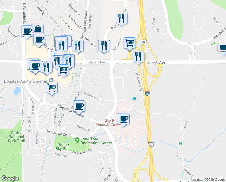 map of restaurants, bars, coffee shops, grocery stores, and more near Park Meadows Boulevard in Lone Tree