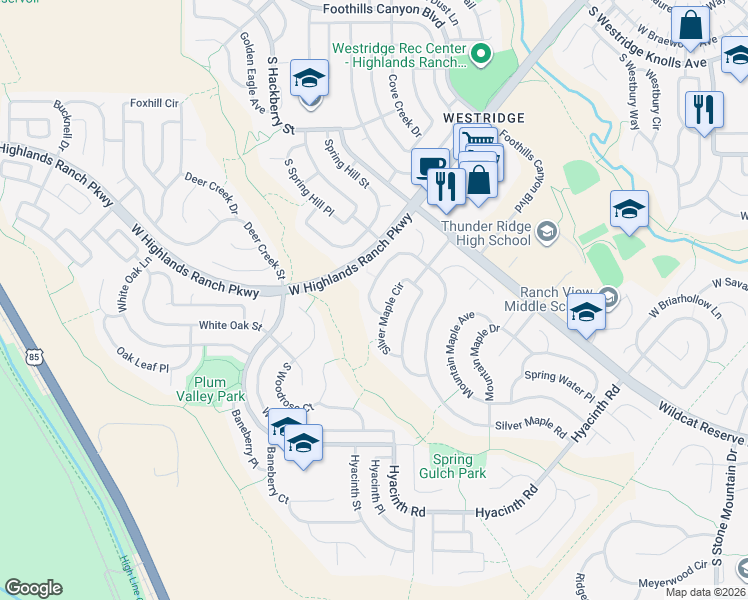 map of restaurants, bars, coffee shops, grocery stores, and more near 10053 Silver Maple Circle in Littleton