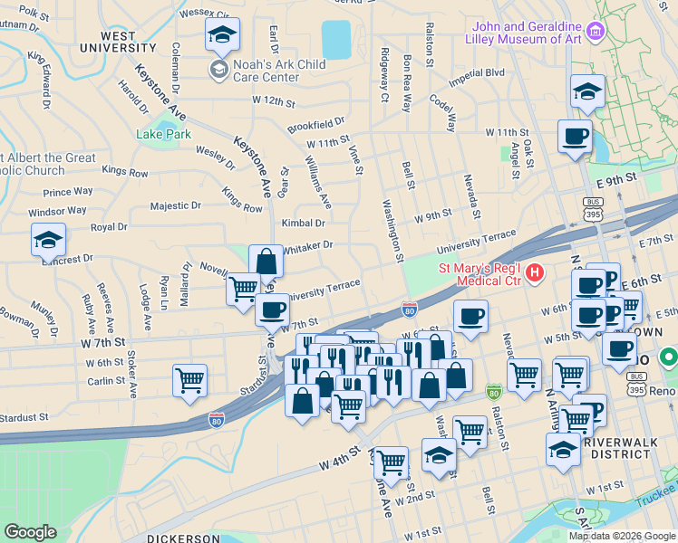 map of restaurants, bars, coffee shops, grocery stores, and more near 940 University Terrace in Reno