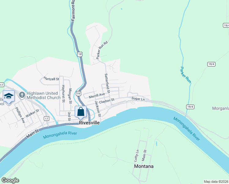 map of restaurants, bars, coffee shops, grocery stores, and more near 409 Clayton Street in Rivesville