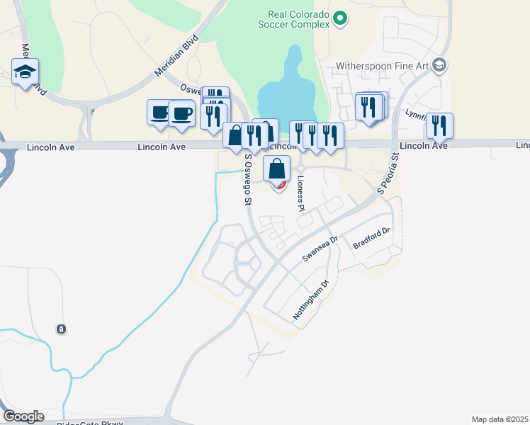 map of restaurants, bars, coffee shops, grocery stores, and more near 11701 Fenwick Circle in Parker