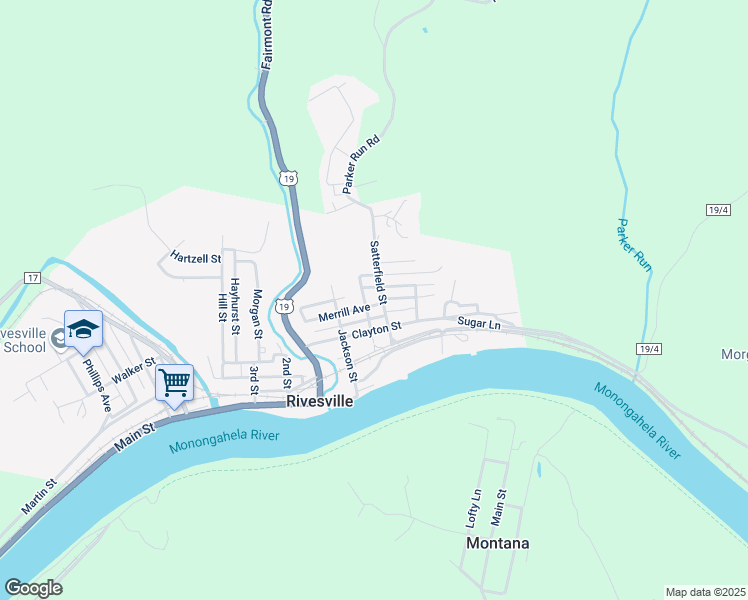 map of restaurants, bars, coffee shops, grocery stores, and more near Fear Street in Rivesville