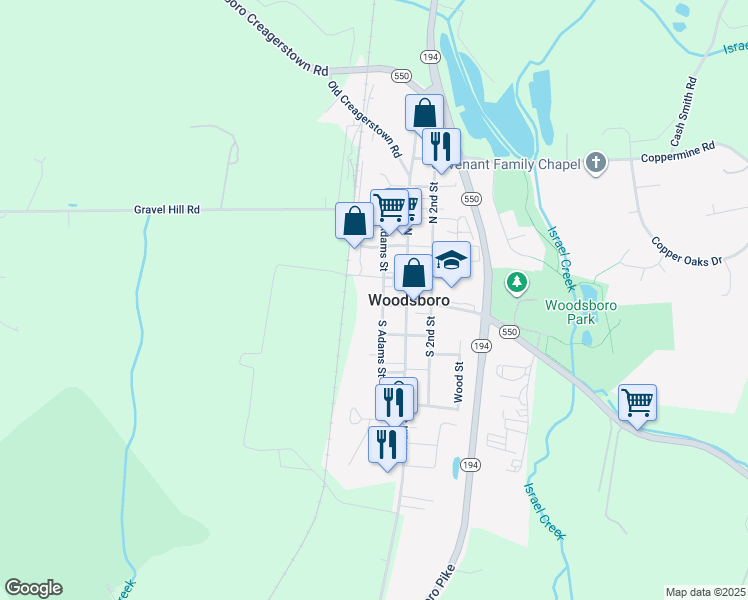 map of restaurants, bars, coffee shops, grocery stores, and more near 105 South Adams Street in Woodsboro