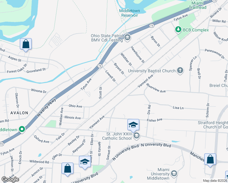 map of restaurants, bars, coffee shops, grocery stores, and more near 3522 Jewell Avenue in Middletown