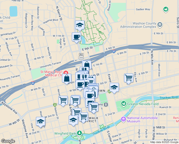 map of restaurants, bars, coffee shops, grocery stores, and more near 561 North Center Street in Reno