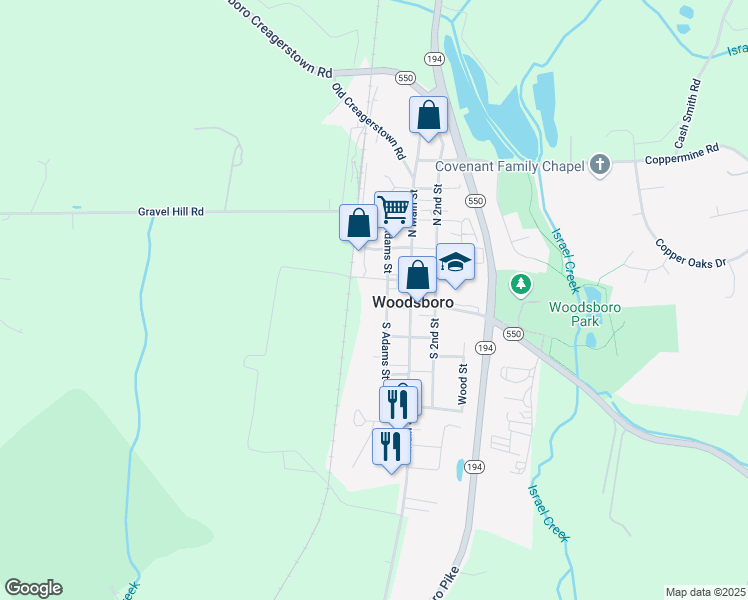 map of restaurants, bars, coffee shops, grocery stores, and more near 105 South Adams Street in Woodsboro