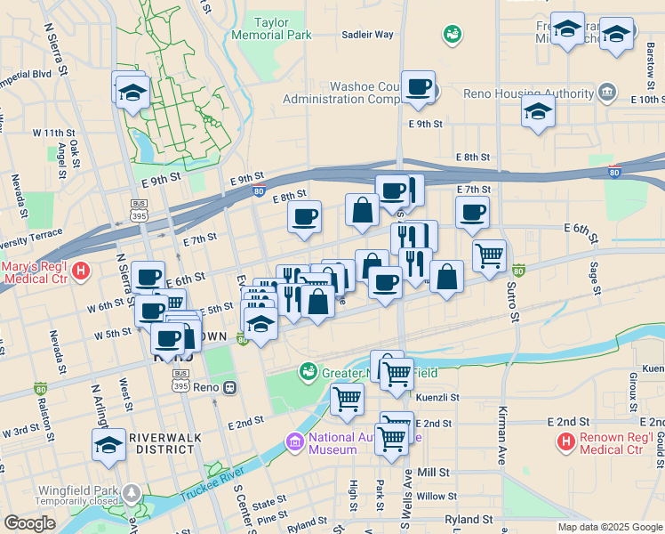 map of restaurants, bars, coffee shops, grocery stores, and more near 491 Elko Avenue in Reno