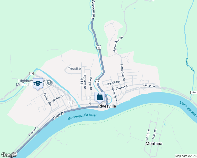 map of restaurants, bars, coffee shops, grocery stores, and more near 1st Street in Rivesville