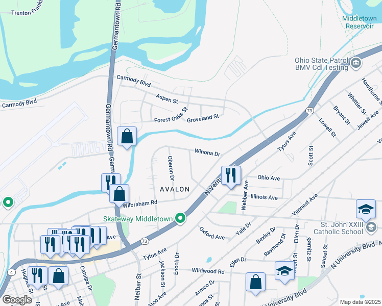 map of restaurants, bars, coffee shops, grocery stores, and more near 2103 Winona Drive in Middletown