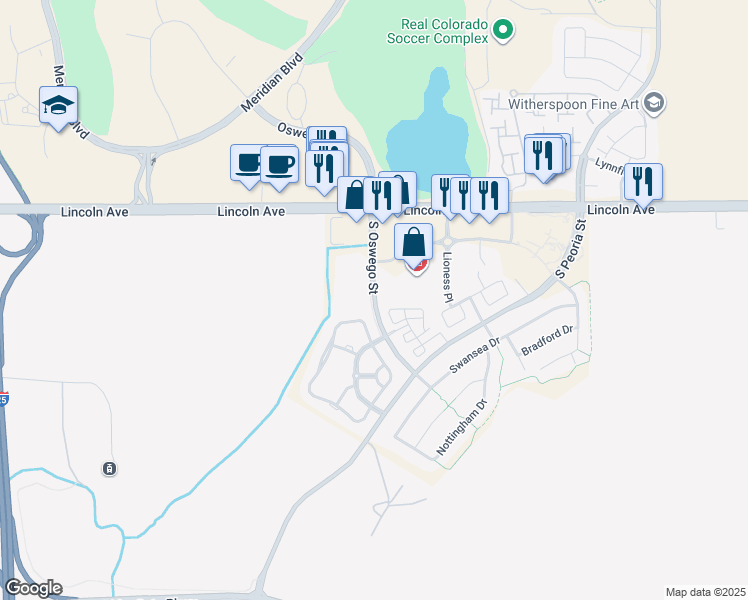 map of restaurants, bars, coffee shops, grocery stores, and more near South Oswego Street in Douglas County