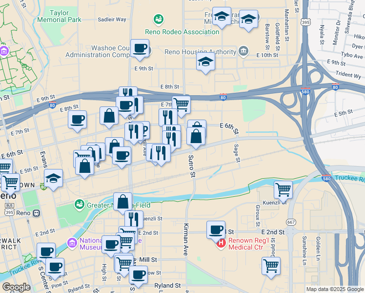 map of restaurants, bars, coffee shops, grocery stores, and more near 1100 East 4th Street in Reno