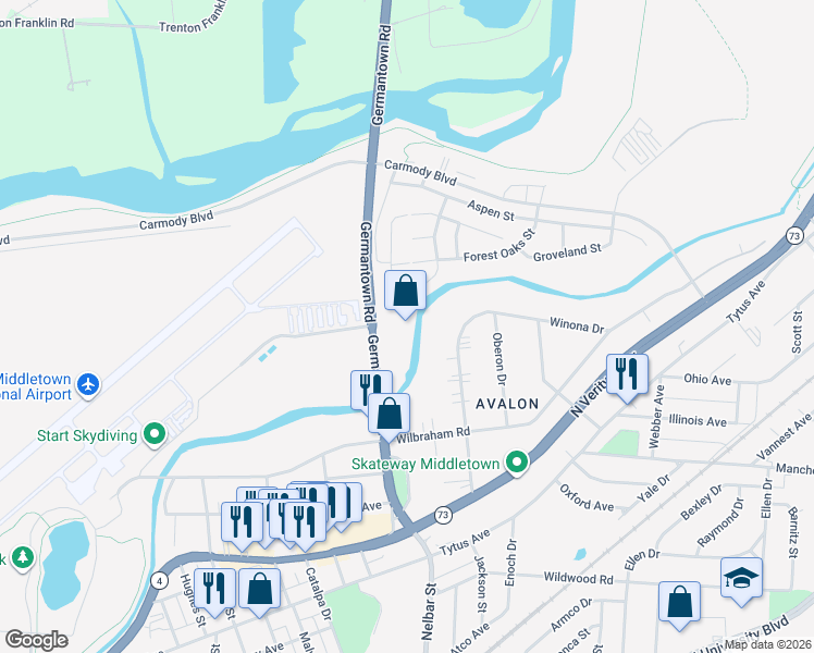 map of restaurants, bars, coffee shops, grocery stores, and more near 1811 Germantown Road in Middletown