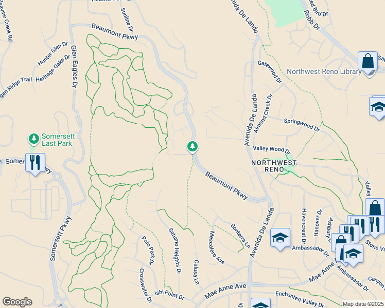 map of restaurants, bars, coffee shops, grocery stores, and more near 1985 Beaumont Parkway in Reno