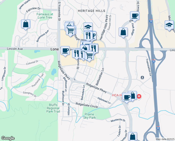 map of restaurants, bars, coffee shops, grocery stores, and more near 10068 Town Ridge Lane in Lone Tree
