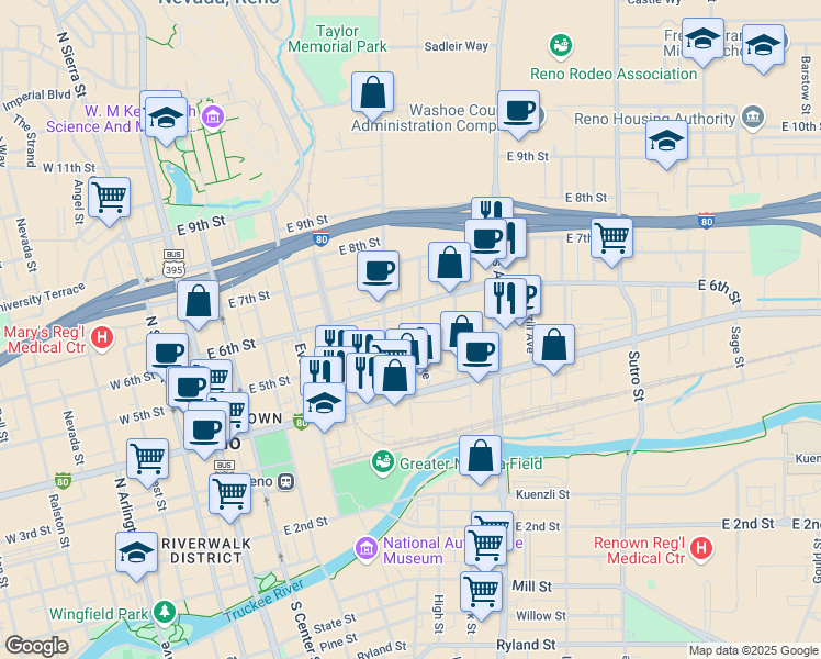 map of restaurants, bars, coffee shops, grocery stores, and more near 530 East 6th Street in Reno