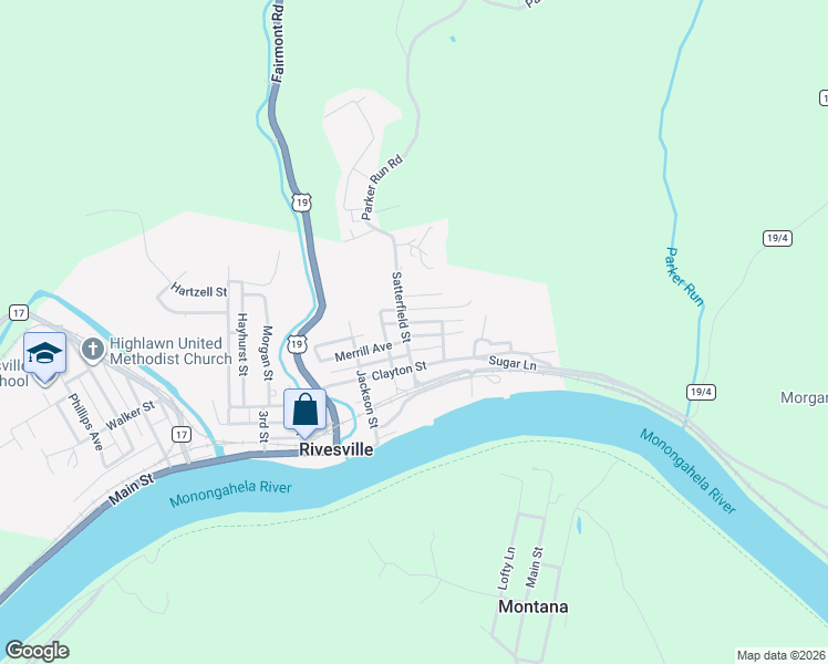 map of restaurants, bars, coffee shops, grocery stores, and more near 113 Fleming Avenue in Rivesville