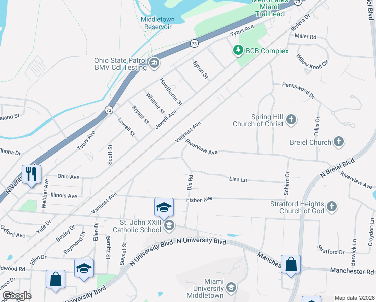 map of restaurants, bars, coffee shops, grocery stores, and more near 3911 Riverview Avenue in Middletown