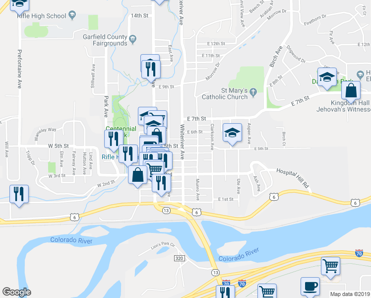 map of restaurants, bars, coffee shops, grocery stores, and more near 440 Whiteriver Avenue in Rifle