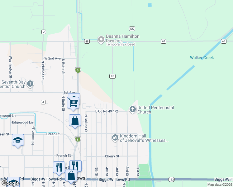 map of restaurants, bars, coffee shops, grocery stores, and more near 1936 County Road KK in Willows