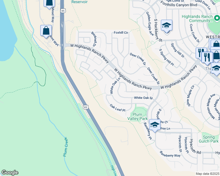 map of restaurants, bars, coffee shops, grocery stores, and more near 10003 South Oak Leaf Way in Littleton