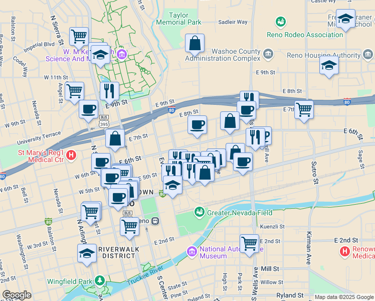 map of restaurants, bars, coffee shops, grocery stores, and more near 650 Record Street in Reno