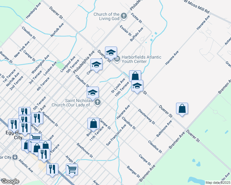 map of restaurants, bars, coffee shops, grocery stores, and more near 715 Saint Louis Avenue in Egg Harbor City