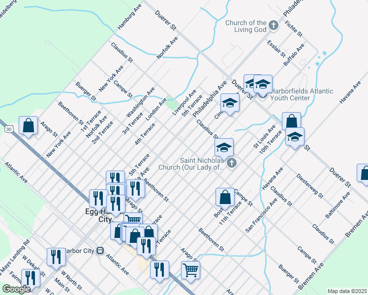 map of restaurants, bars, coffee shops, grocery stores, and more near 457 Cincinnati Avenue in Egg Harbor City
