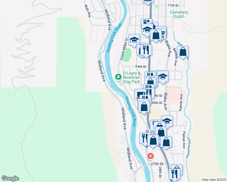 map of restaurants, bars, coffee shops, grocery stores, and more near 322 Park Drive in Glenwood Springs