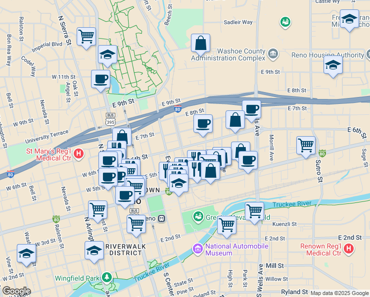 map of restaurants, bars, coffee shops, grocery stores, and more near 410 East 6th Street in Reno