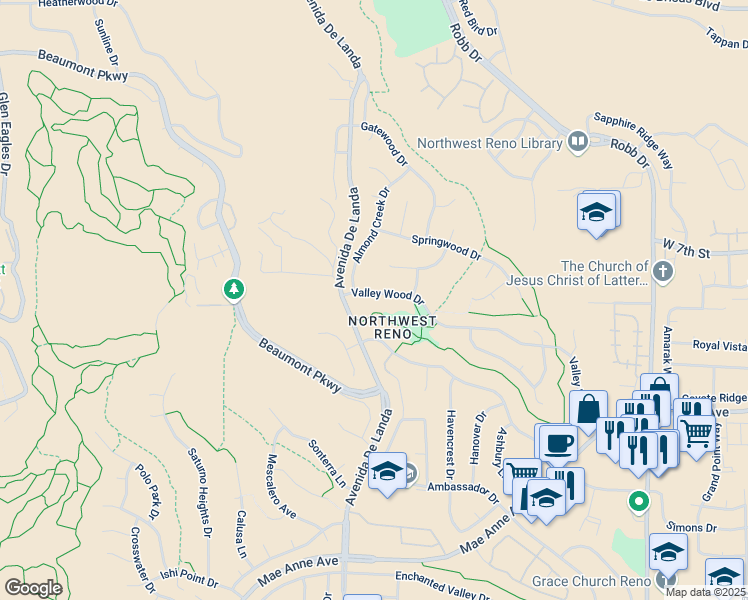 map of restaurants, bars, coffee shops, grocery stores, and more near 6648 Valley Wood Drive in Reno