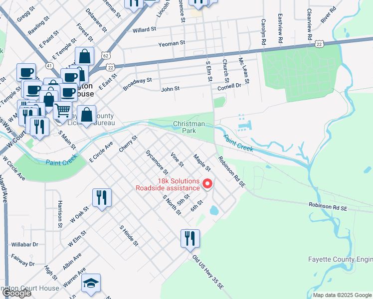 map of restaurants, bars, coffee shops, grocery stores, and more near 628 4th Street in Washington Court House