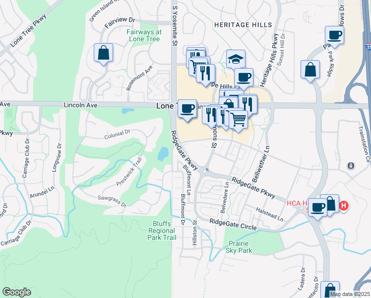map of restaurants, bars, coffee shops, grocery stores, and more near 10001 Commons Street in Lone Tree